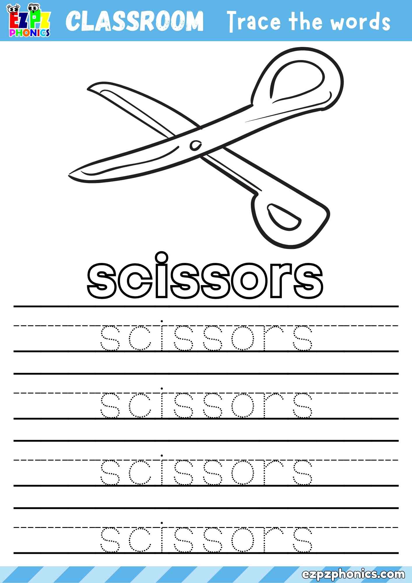 Scissors Classroom Objects Vocabulary Word Tracing Activity Color